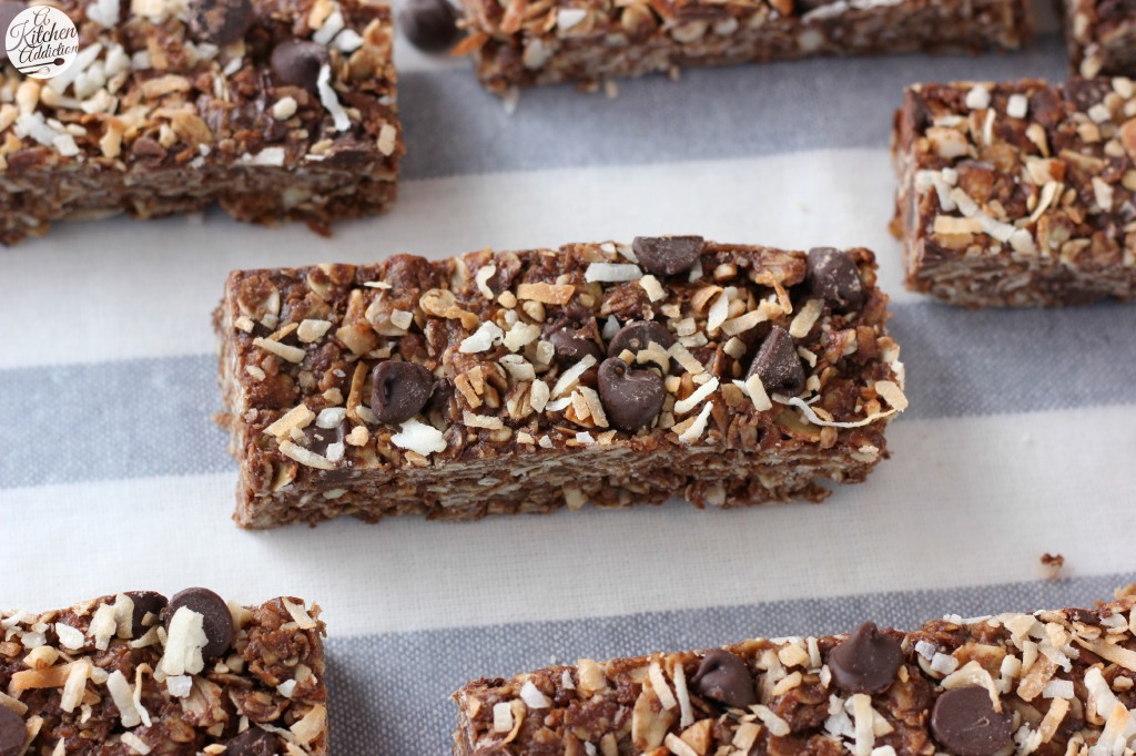 No Bake Chocolate Almond Joy Granola Bars l www.a-kitchen-addiction.com