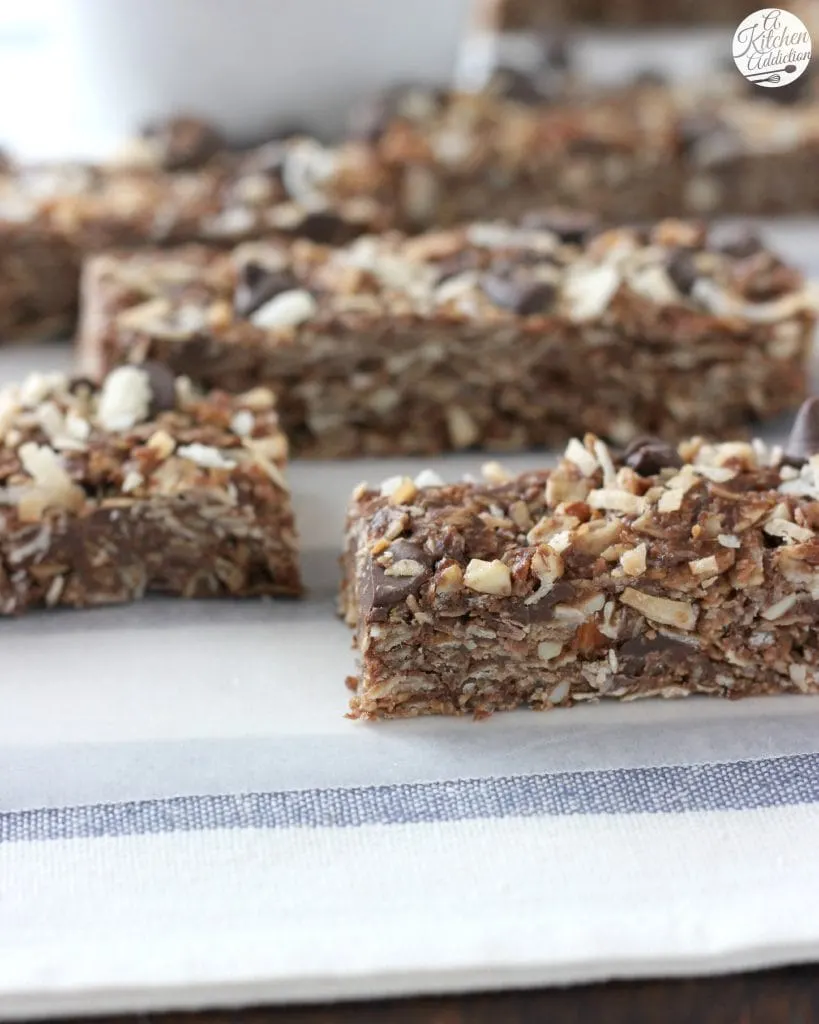 No Bake Chocolate Almond Joy Granola Bars l www.a-kitchen-addiction.com