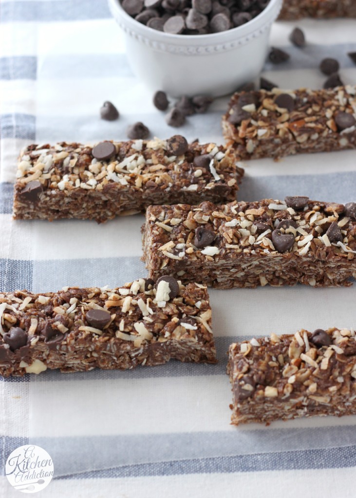 No Bake Chocolate Almond Joy Granola Bars Recipe from A Kitchen Addiction