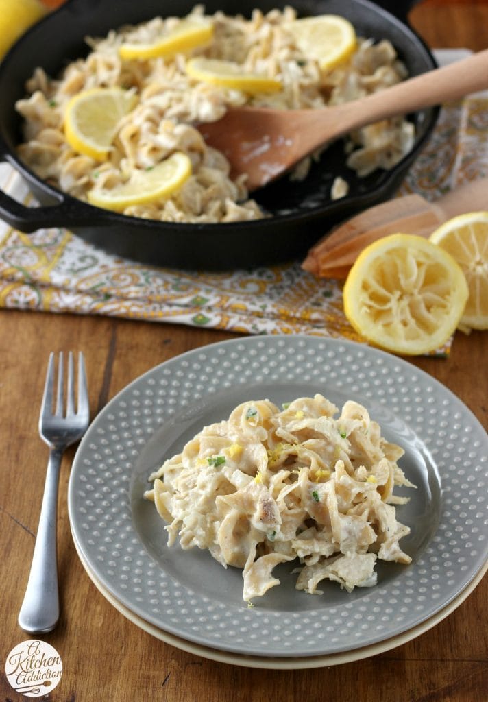 30 Minute Lemony Chicken and Chives Noodle Skillet l www.a-kitchen-addiction.com #onlynoyolks