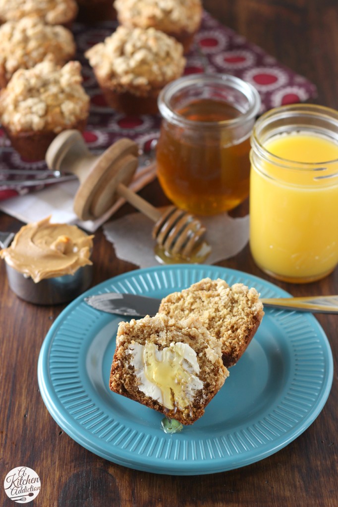 Healthy Peanut Butter Honey Oat Muffins Recipe l www.a-kitchen-addiction.com