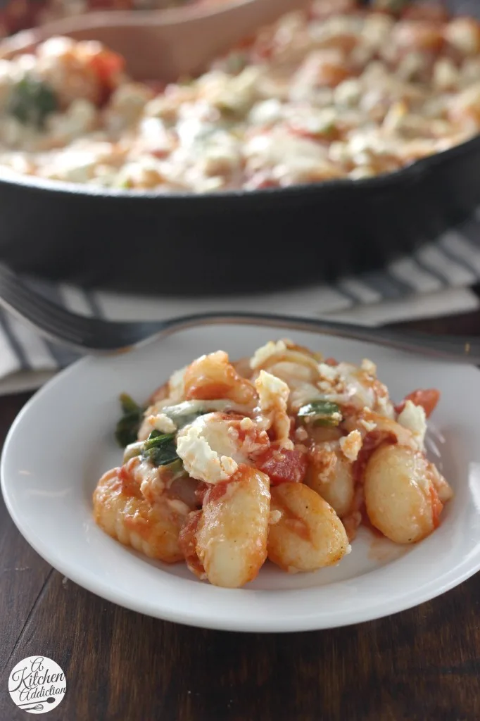 30 Minute Cheesy Gnocchi Skillet with Tomatoes and Spinach from A Kitchen Addiction