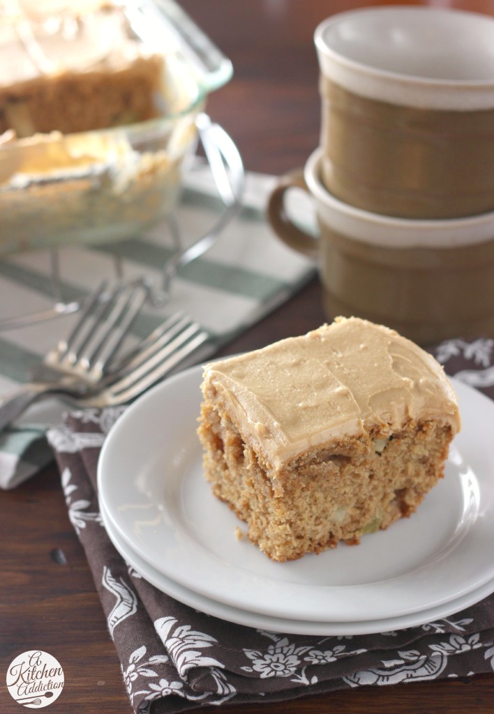 Peanut Butter Apple Snack Cake with Peanut Butter Frosting Recipe l www.a-kitchen-addiction.com