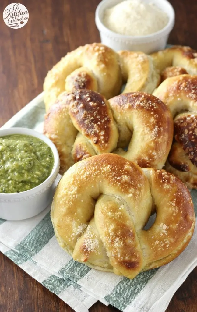 Pesto Parmesan Stuffed Soft Pretzels Recipe from A Kitchen Addiction