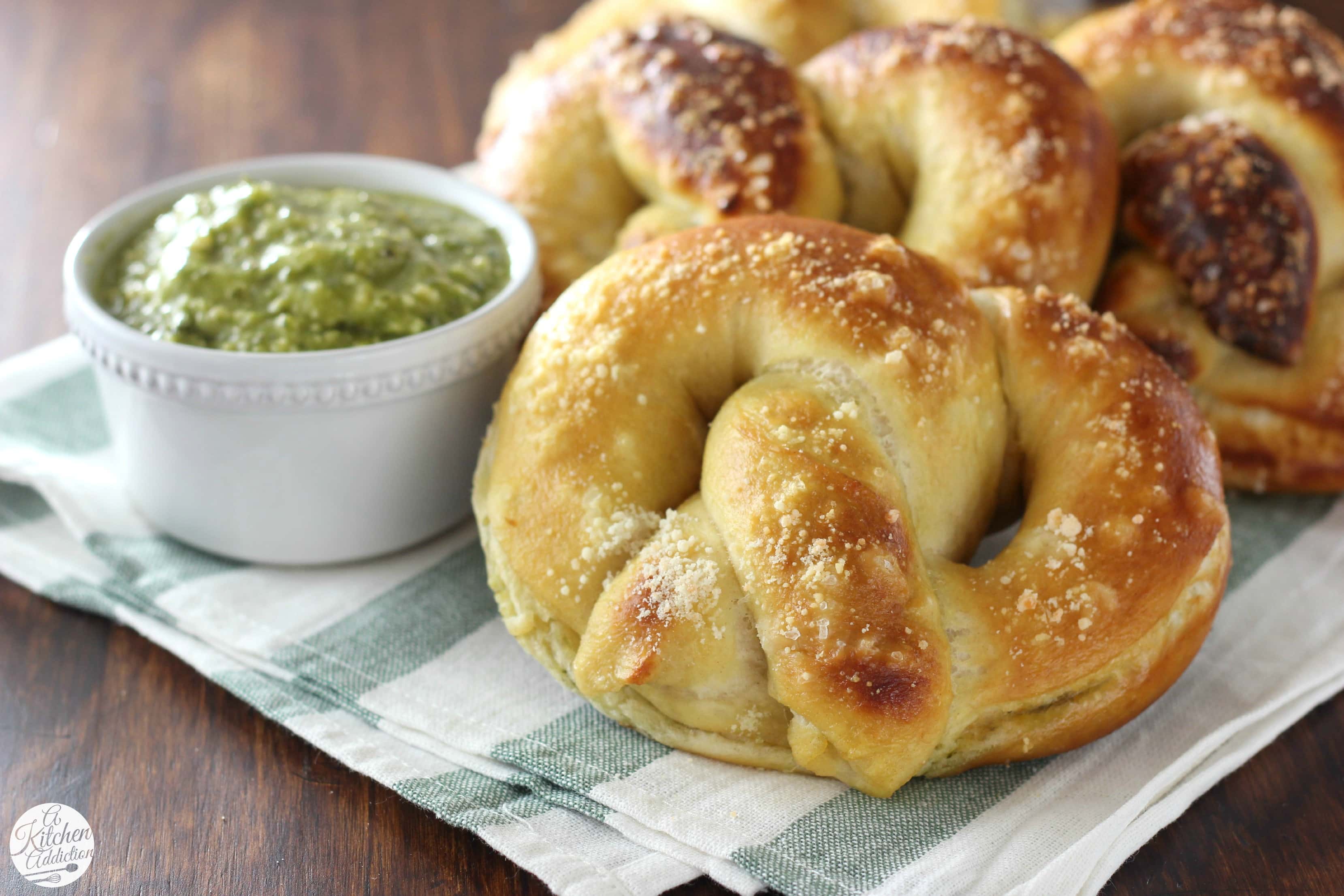 Homemade Pesto Parmesan Stuffed Pretzels l www.a-kitchen-addiction.com