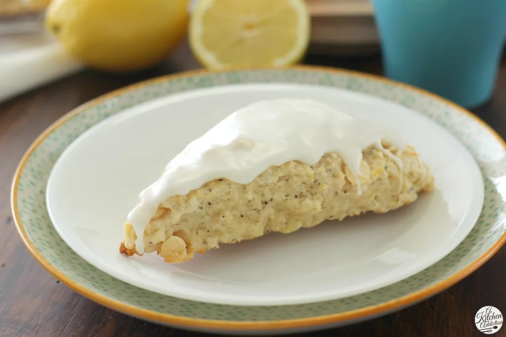 White Chocolate Lemon Poppyseed Scones Recipe from A Kitchen Addiction