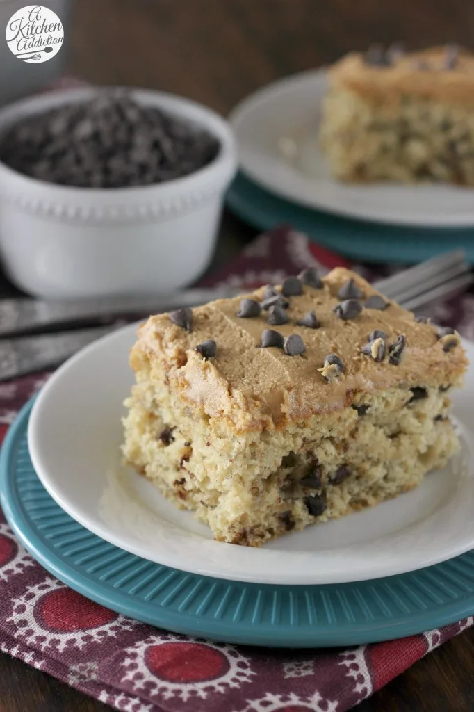 Banana Chocolate Chip Snack Cake with Peanut Butter Frosting Recipe from A Kitchen Addiction