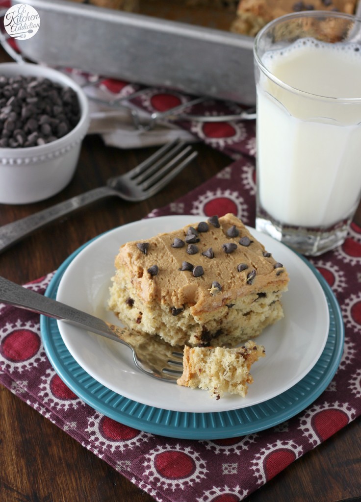 Banana Chocolate Chip Snack Cake with Peanut Butter Frosting l www.a-kitchen-addiction.com