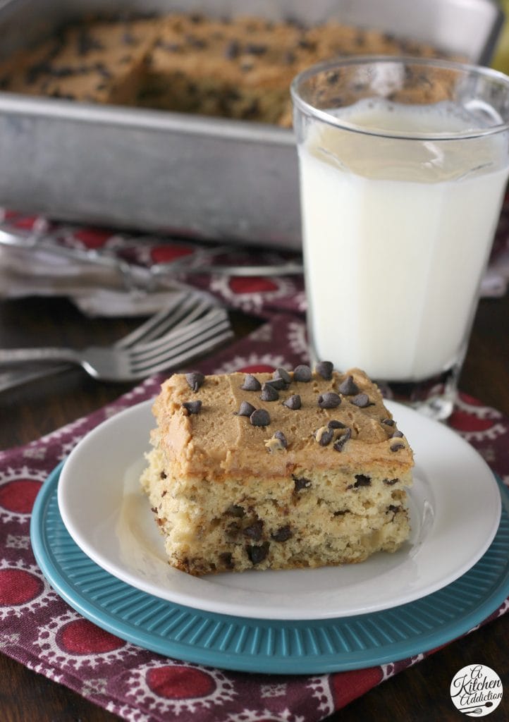 Peanut Butter Frosted Banana Chocolate Chip Snack Cake l www.a-kitchen-addiction.com