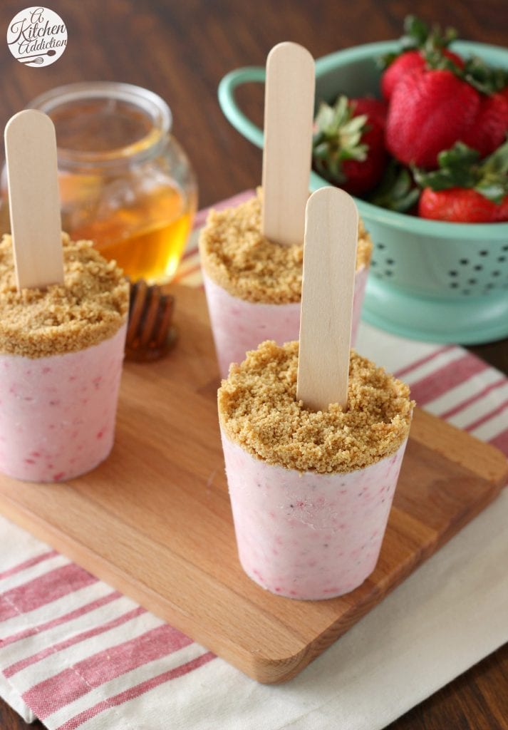 Healthy Strawberry Cheesecake Yogurt Popsicles l www.a-kitchen-addiction.com