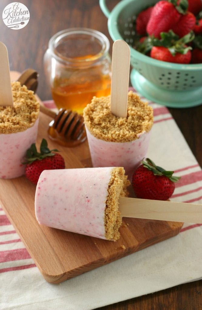 Healthy Strawberry Cheesecake Yogurt Popsicles l www.a-kitchen-addiction.com