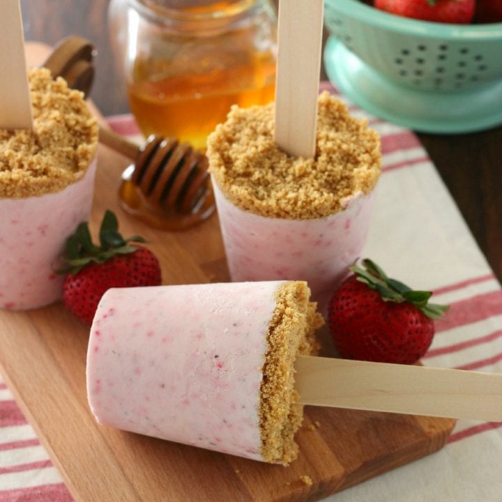 Healthy Strawberry Cheesecake Yogurt Popsicles l www.a-kitchen-addiction.com