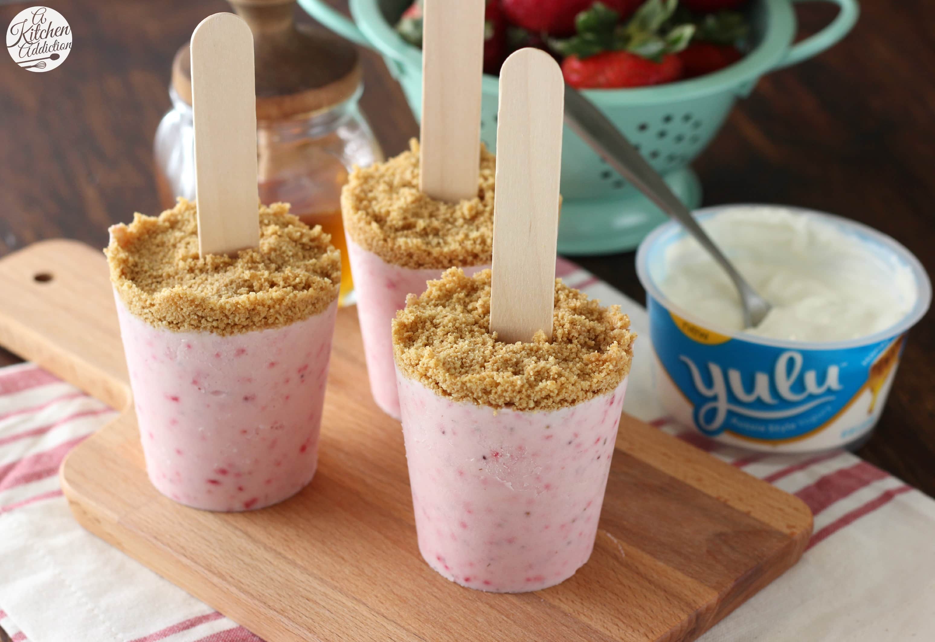A Healthy Summer Snack - Strawberry Cheesecake Yogurt Pops from A Kitchen Addiction