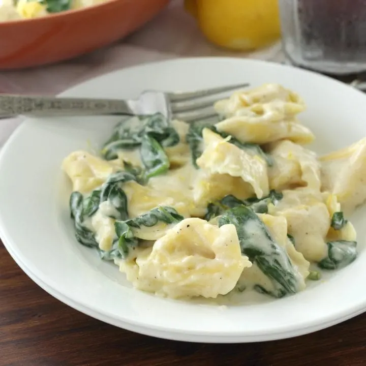 30 Minute Tortellini with Spinach and Lemon Cream Sauce from A Kitchen Addiction