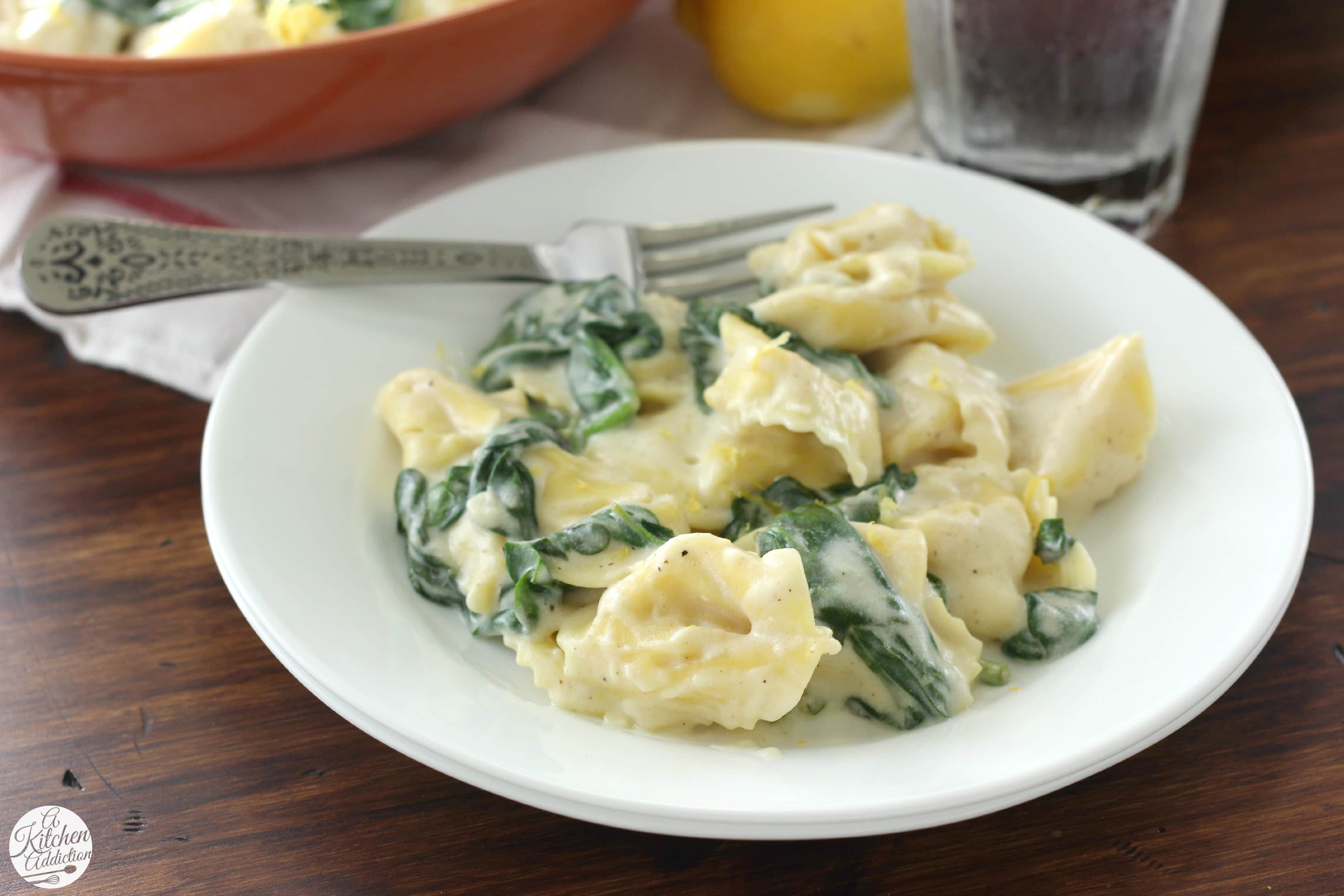 30 Minute Tortellini with Spinach and Lemon Cream Sauce from A Kitchen Addiction
