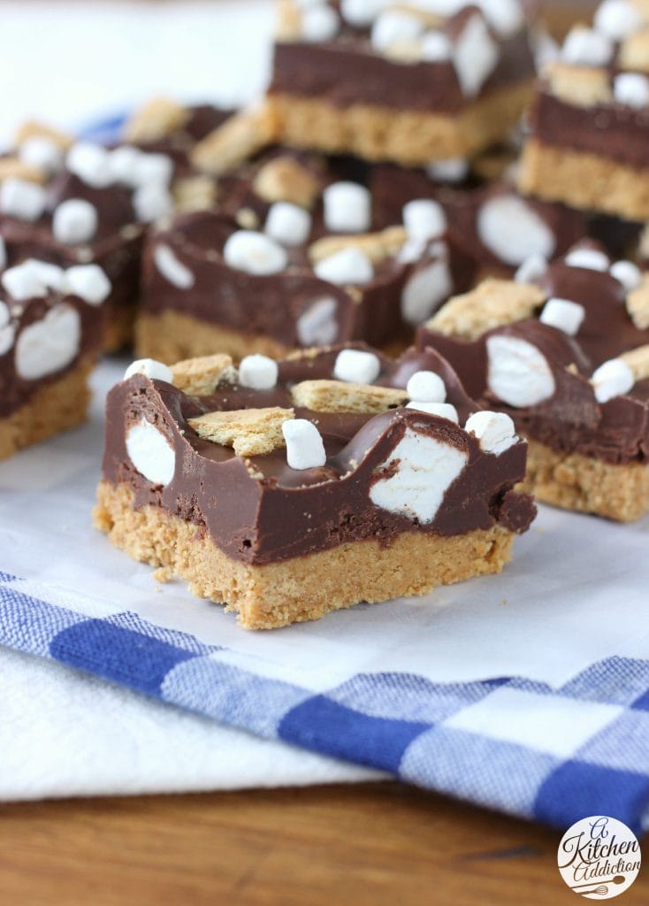 Easy No Bake Dark Chocolate Peanut Butter Smores Bars from A Kitchen Addiction
