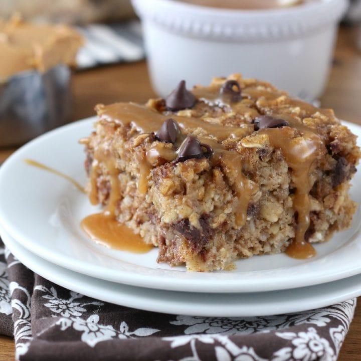Peanut Butter Chocolate Chip Banana Bread Baked Oatmeal with Peanut Butter Syrup from A Kitchen Addiction