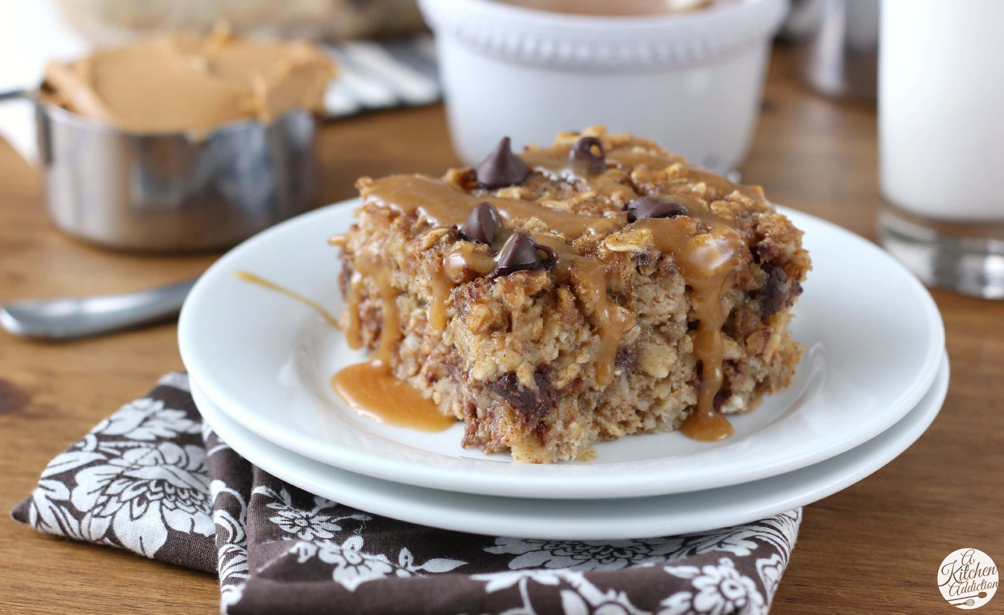 Peanut Butter Chocolate Chip Banana Bread Baked Oatmeal with Peanut Butter Syrup from A Kitchen Addiction