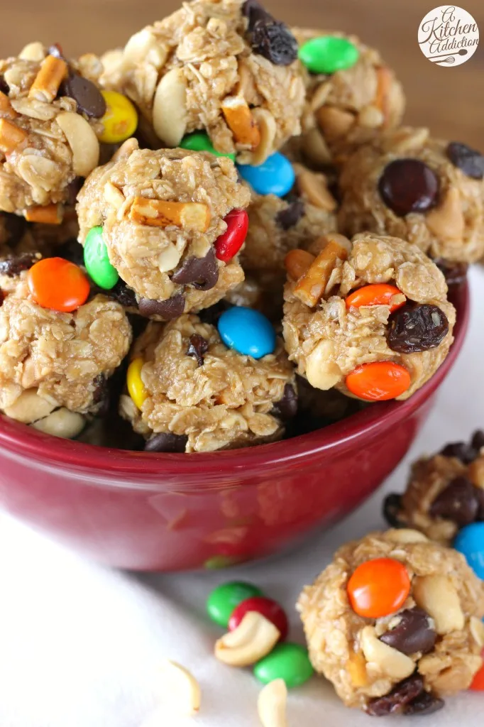 No Bake Peanut Butter Chocolate Trail Mix Bites from A Kitchen Addiction