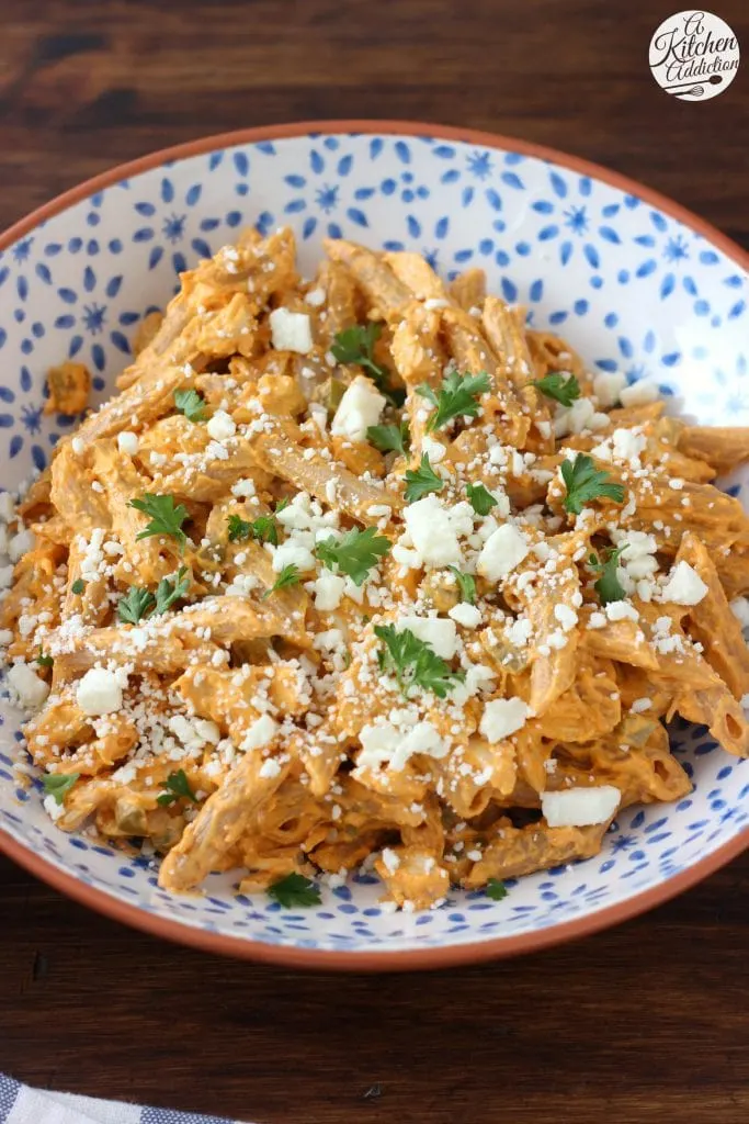 Healthier Buffalo Chicken Penne recipe from A Kitchen Addiction
