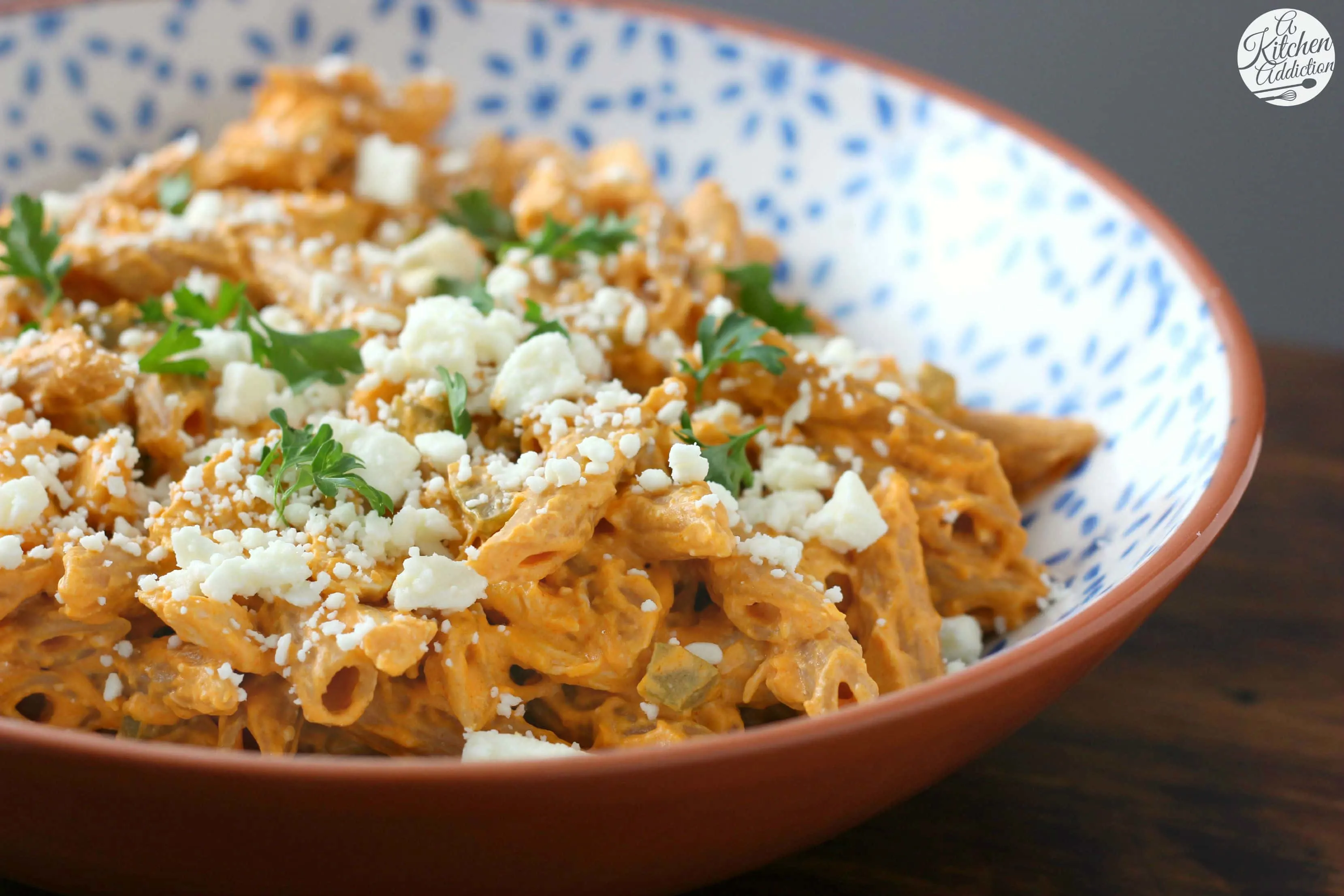 Lightened Up Buffalo Chicken Penne Recipe from A Kitchen Addiction
