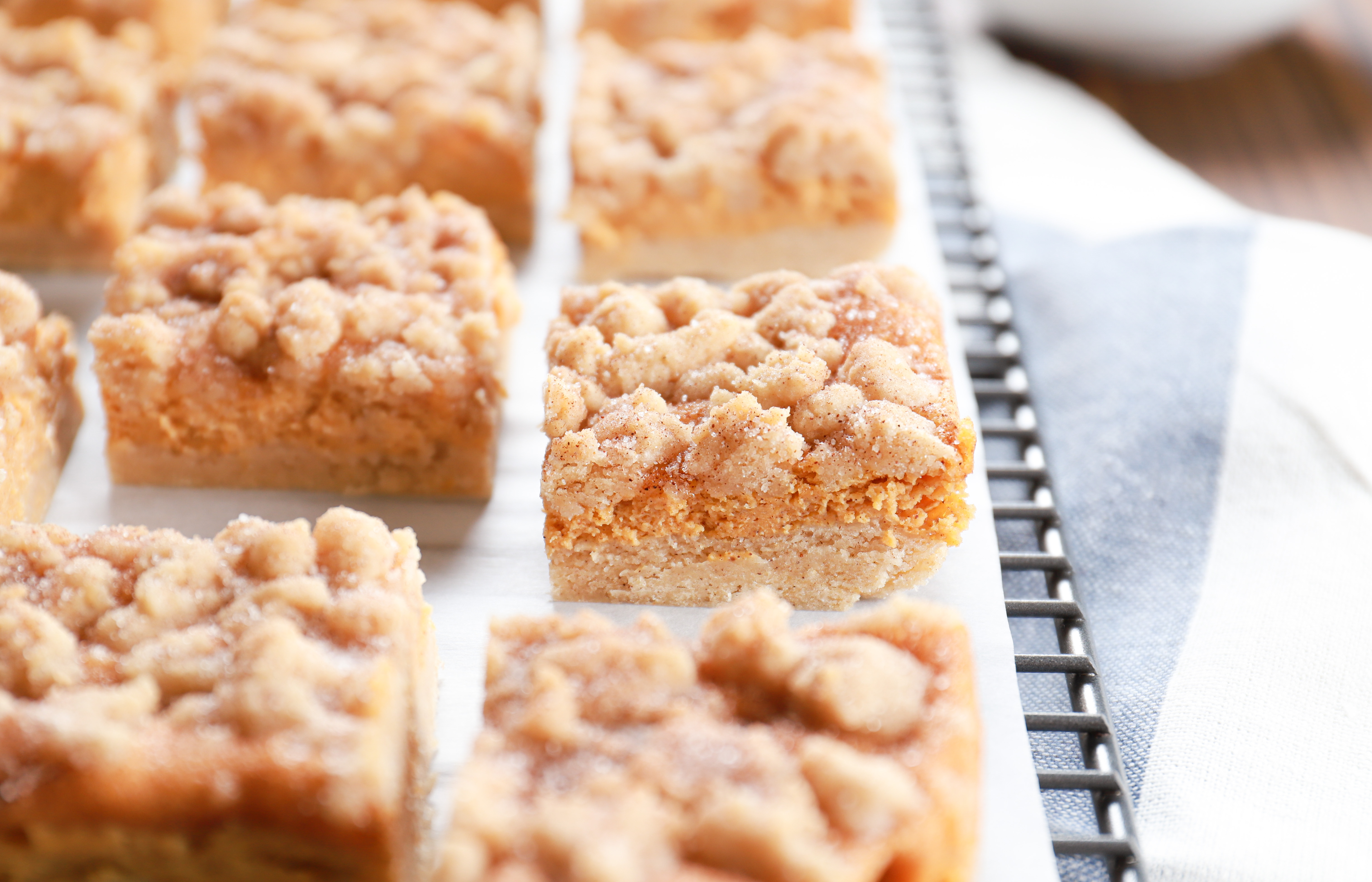 Up close side view of a pumpkin snickerdoodle cheesecake bar. Recipe from A Kitchen Addiction