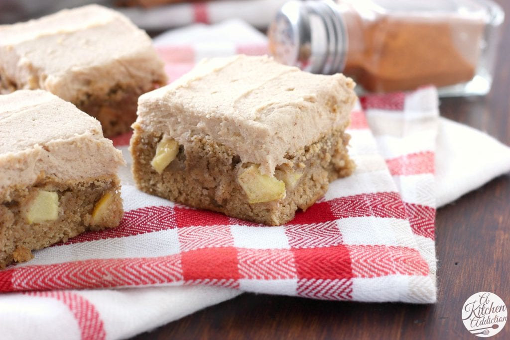 Spiced Apple Bars with Cinnamon Brown Sugar Buttercream Frosting from A Kitchen Addiction