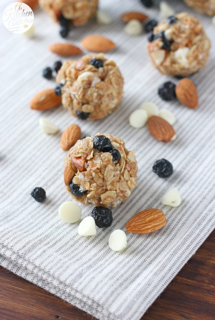 No Bake White Chocolate Blueberry Maple Granola Bites Recipe from A Kitchen Addiction @akitchenaddict