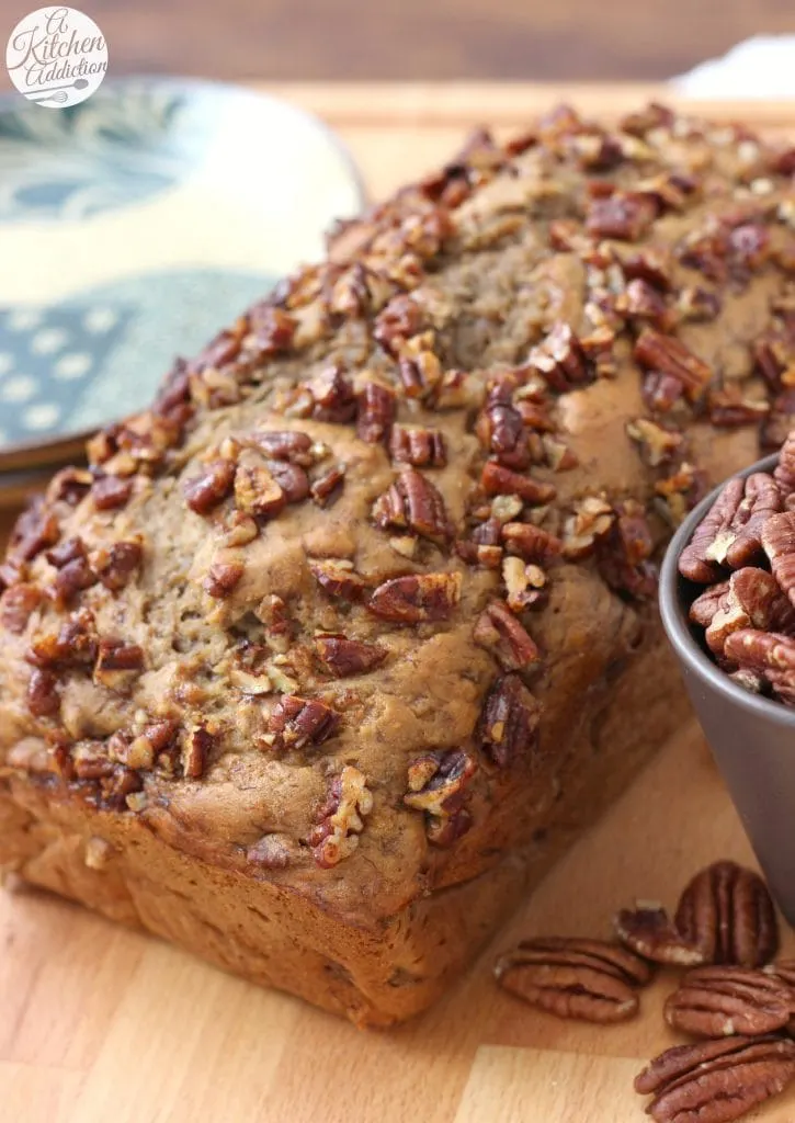 Maple Pecan Banana Bread made with no oil or butter from A Kitchen Addiction