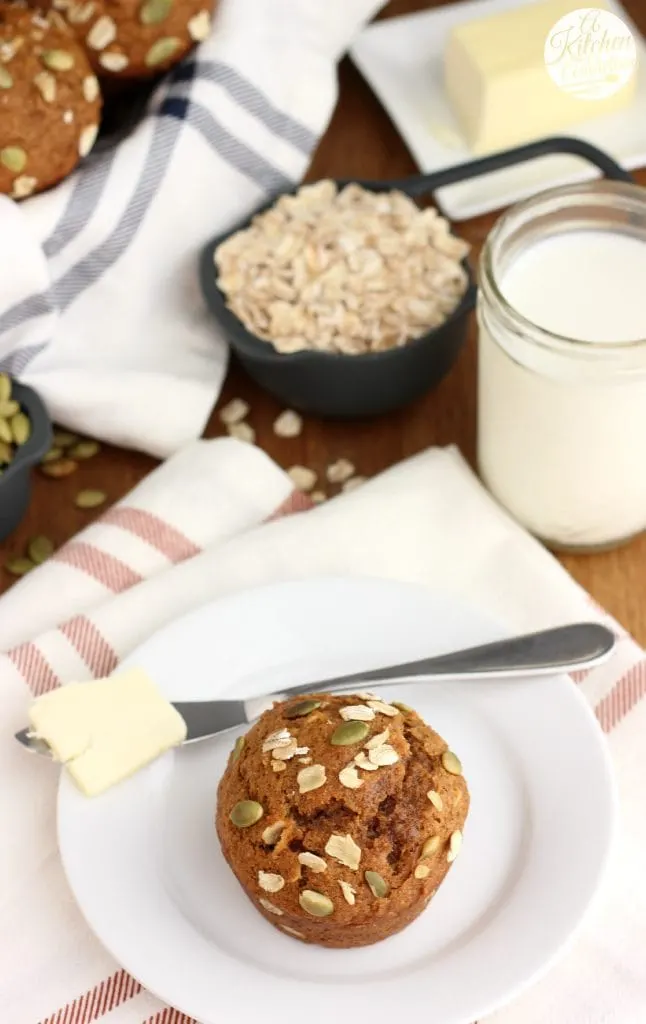 Easy One Bowl Pumpkin Oat Muffins Recipe from A Kitchen Addiction