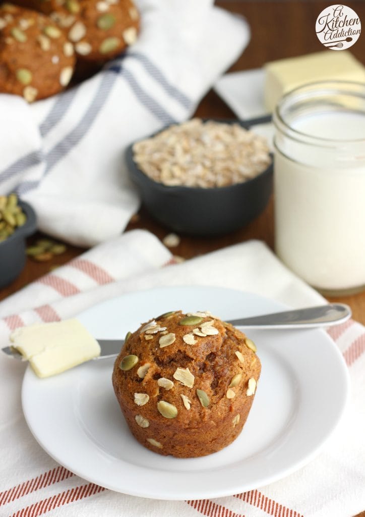 Easy One Bowl Pumpkin Oat Muffins Recipe from A Kitchen Addiction