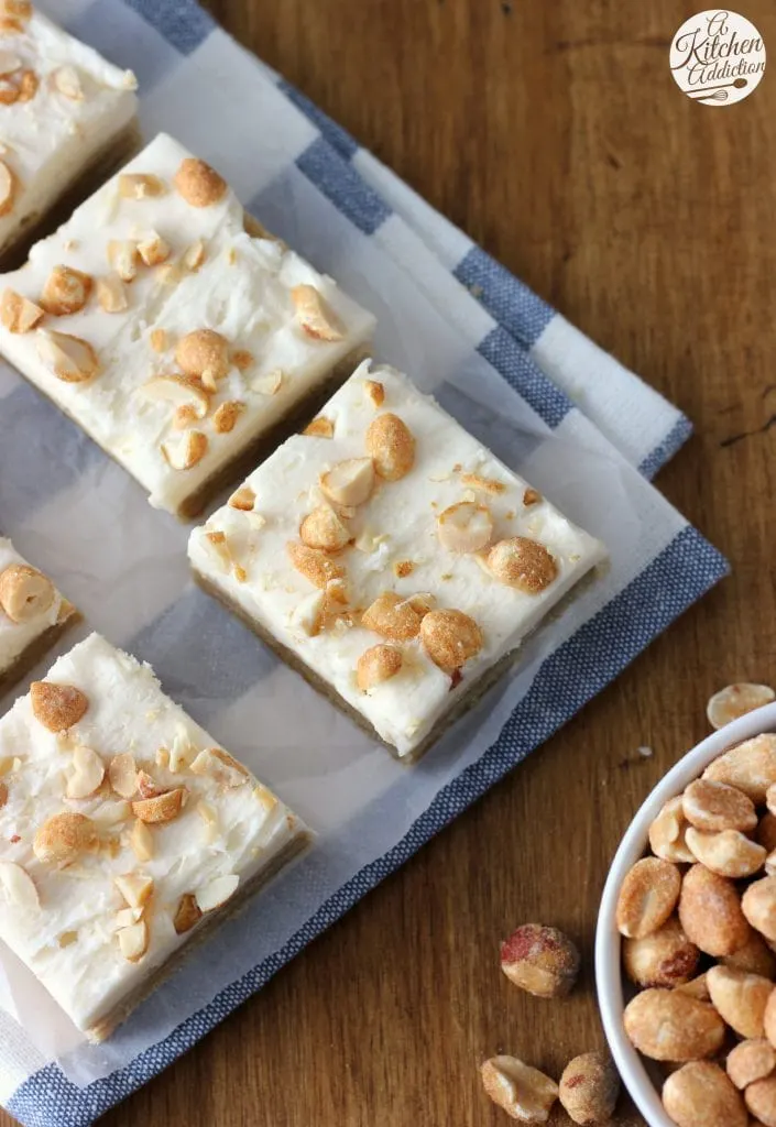 Maple Buttercream Frosted Maple Peanut Butter Cookie Bars from A Kitchen Addiction