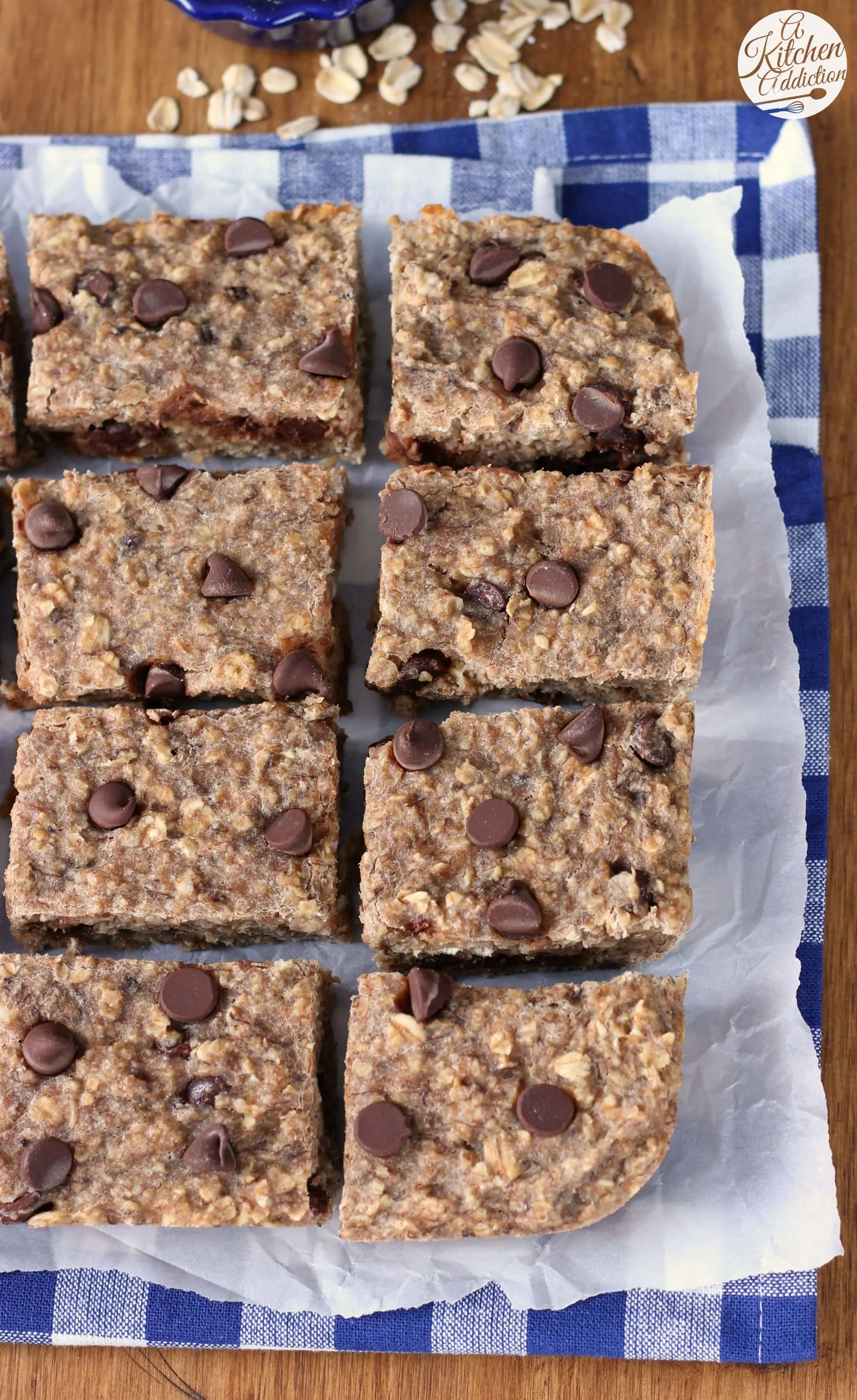 Lightened Up Chocolate Chip Banana Breakfast Bars Recipe from A Kitchen Addiction