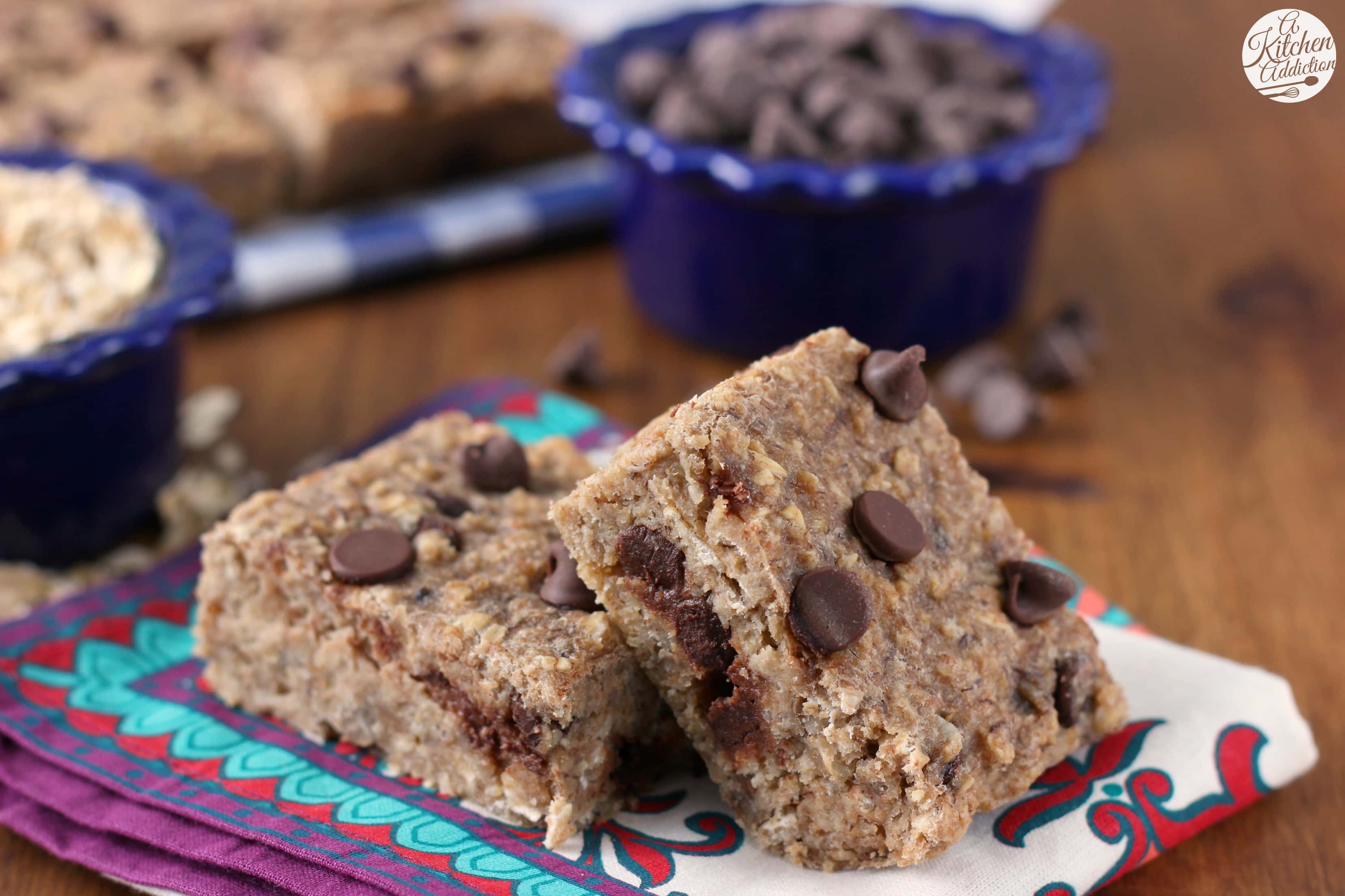 Lightened Up Chocolate Chip Banana Breakfast Bars Recipe from A Kitchen Addiction