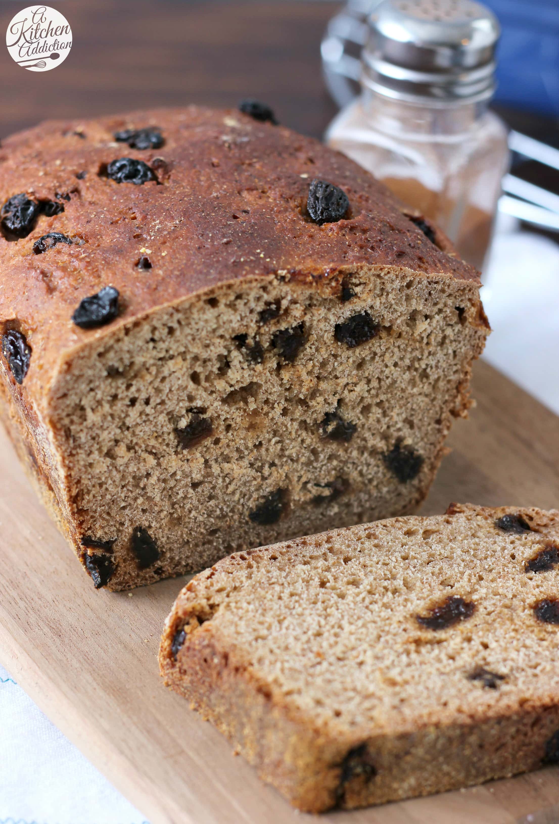 Easy Cinnamon Raisin Honey Wheat English Muffin Bread Recipe from A Kitchen Addiction