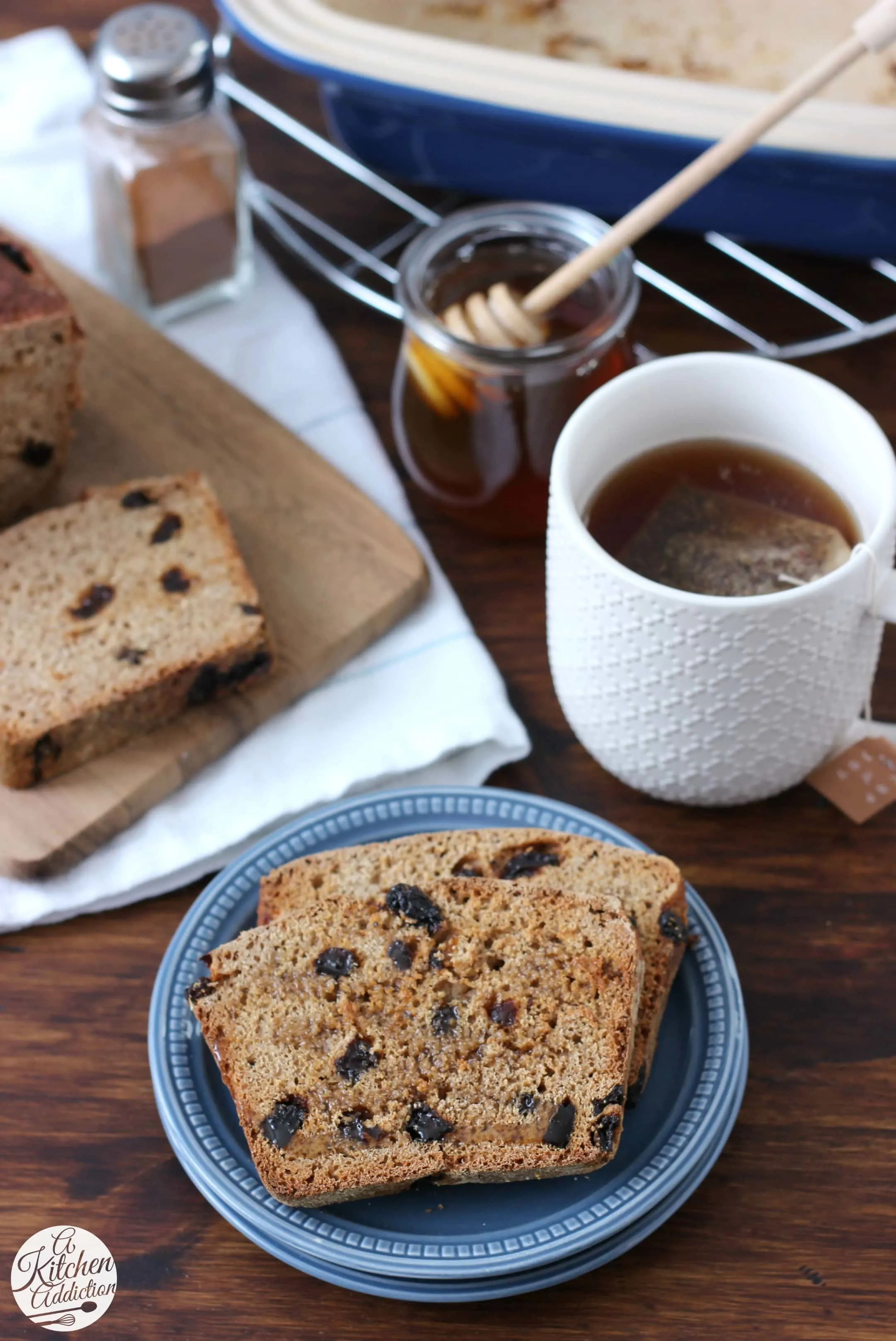 No Knead Cinnamon Raisin Honey Wheat English Muffin Bread Recipe from A Kitchen Addiction