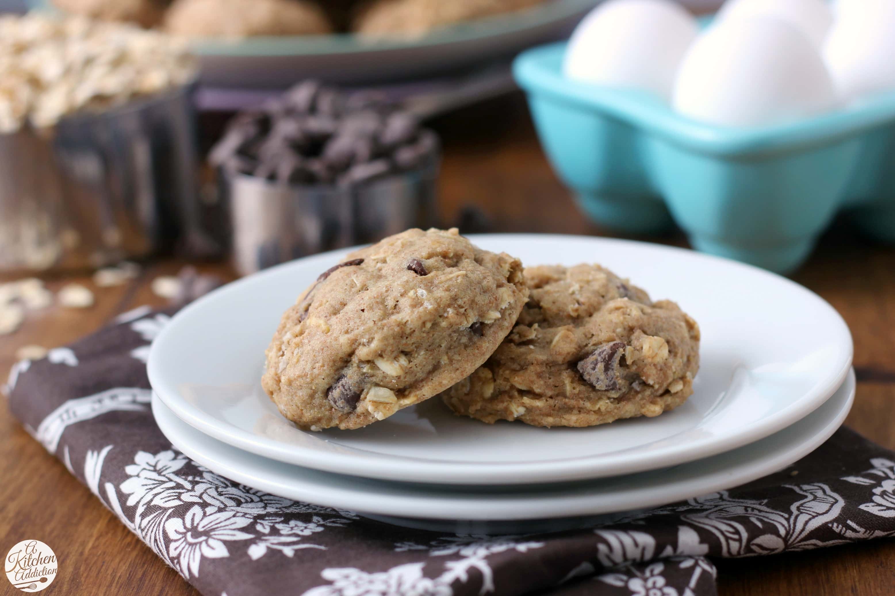 Chewy Coconut Oil Dark Chocolate Chip Oat Cookies Recipe from A Kitchen Addiction