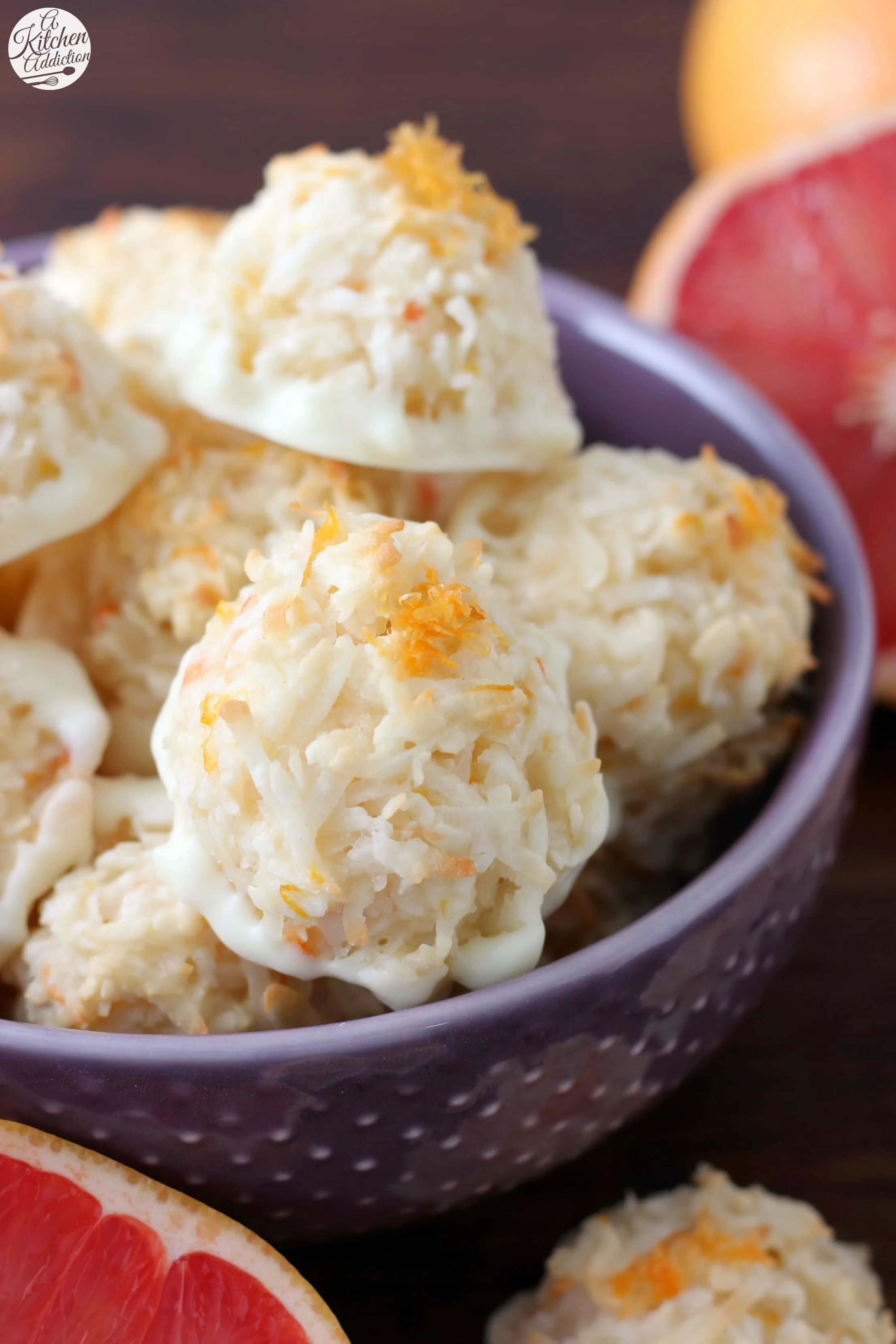 Coconut Grapefruit Macaroons dipped in White Chocolate