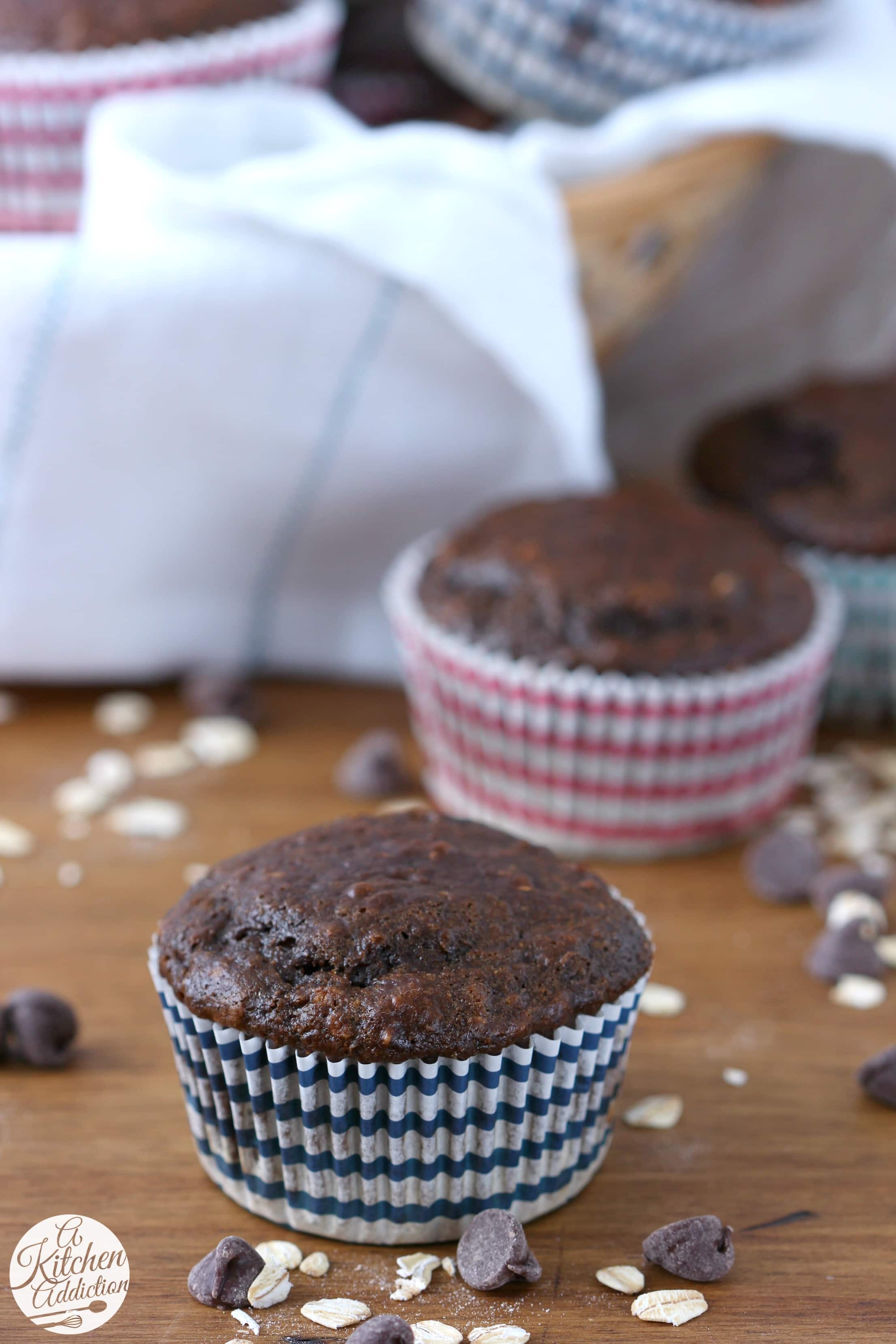 Skinny Double Chocolate Yogurt Oat Muffins Recipe from A Kitchen Addiction