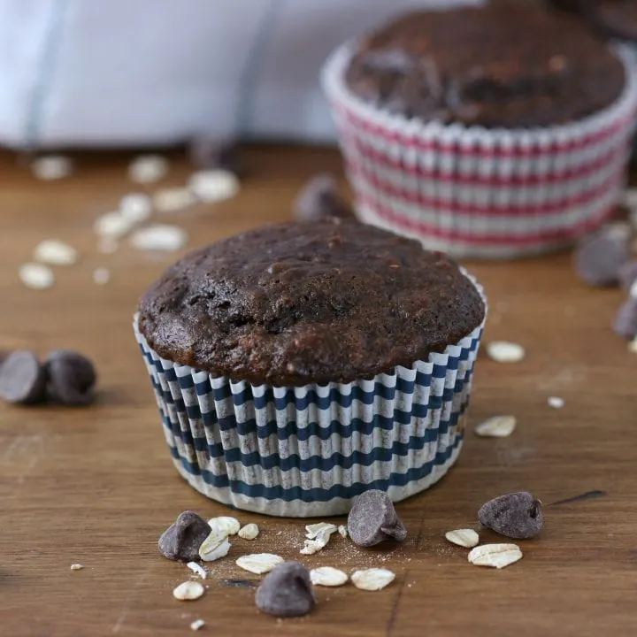 Lightened Up Double Chocolate Yogurt Oat Muffins Recipe from A Kitchen Addiction