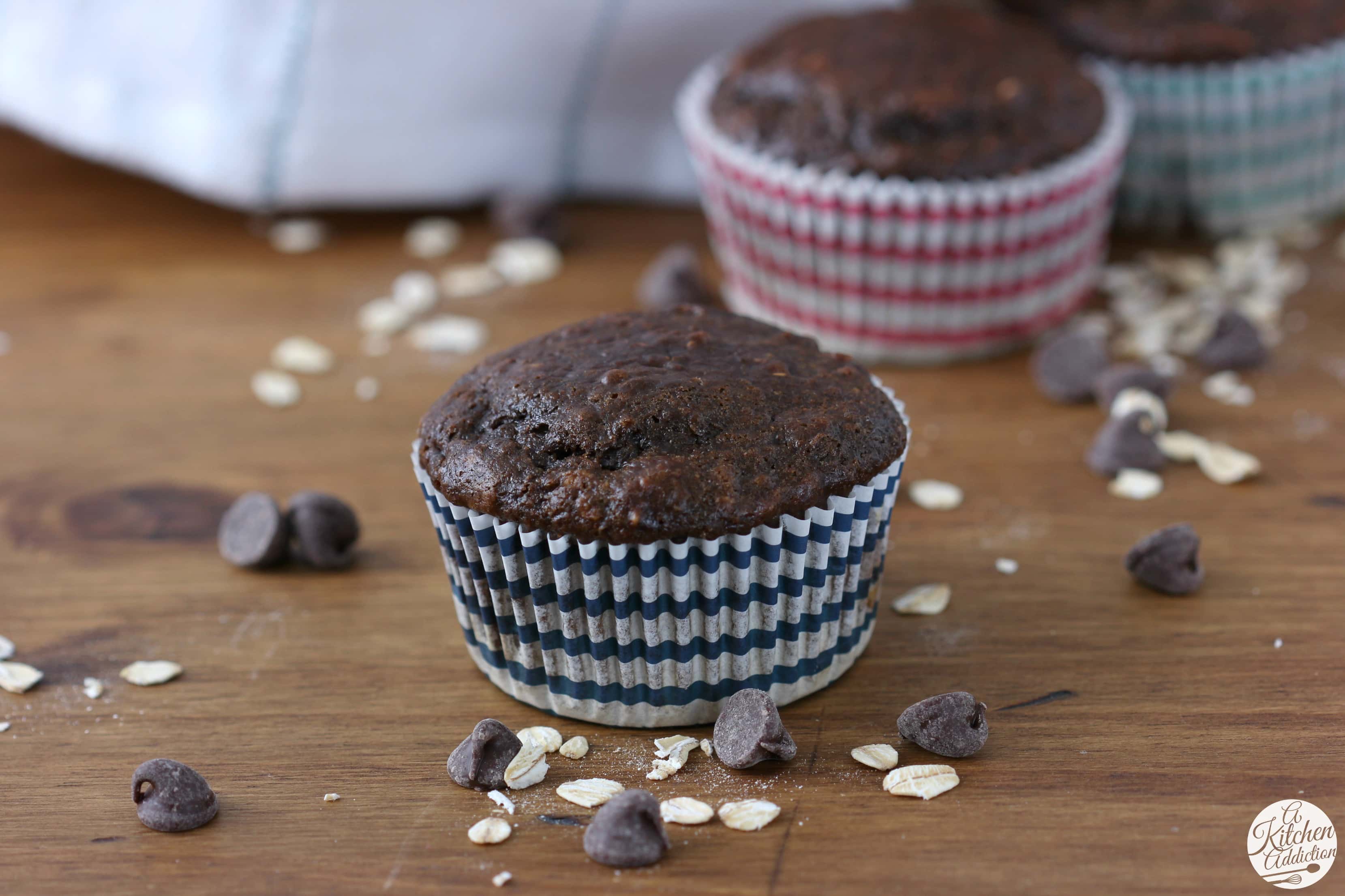 Lightened Up Double Chocolate Yogurt Oat Muffins Recipe from A Kitchen Addiction