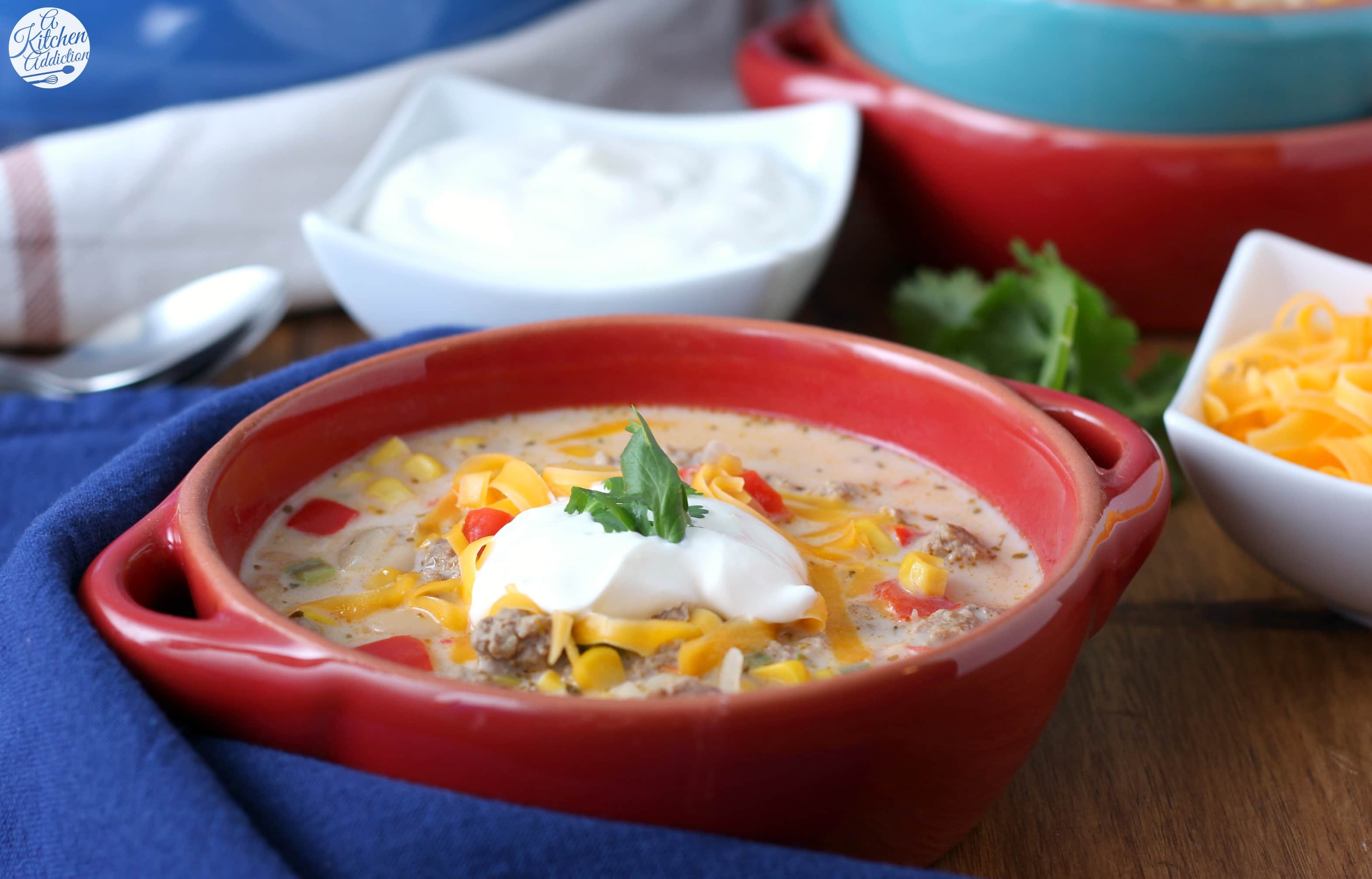 Loaded White Turkey Chili Recipe from A Kitchen Addiction