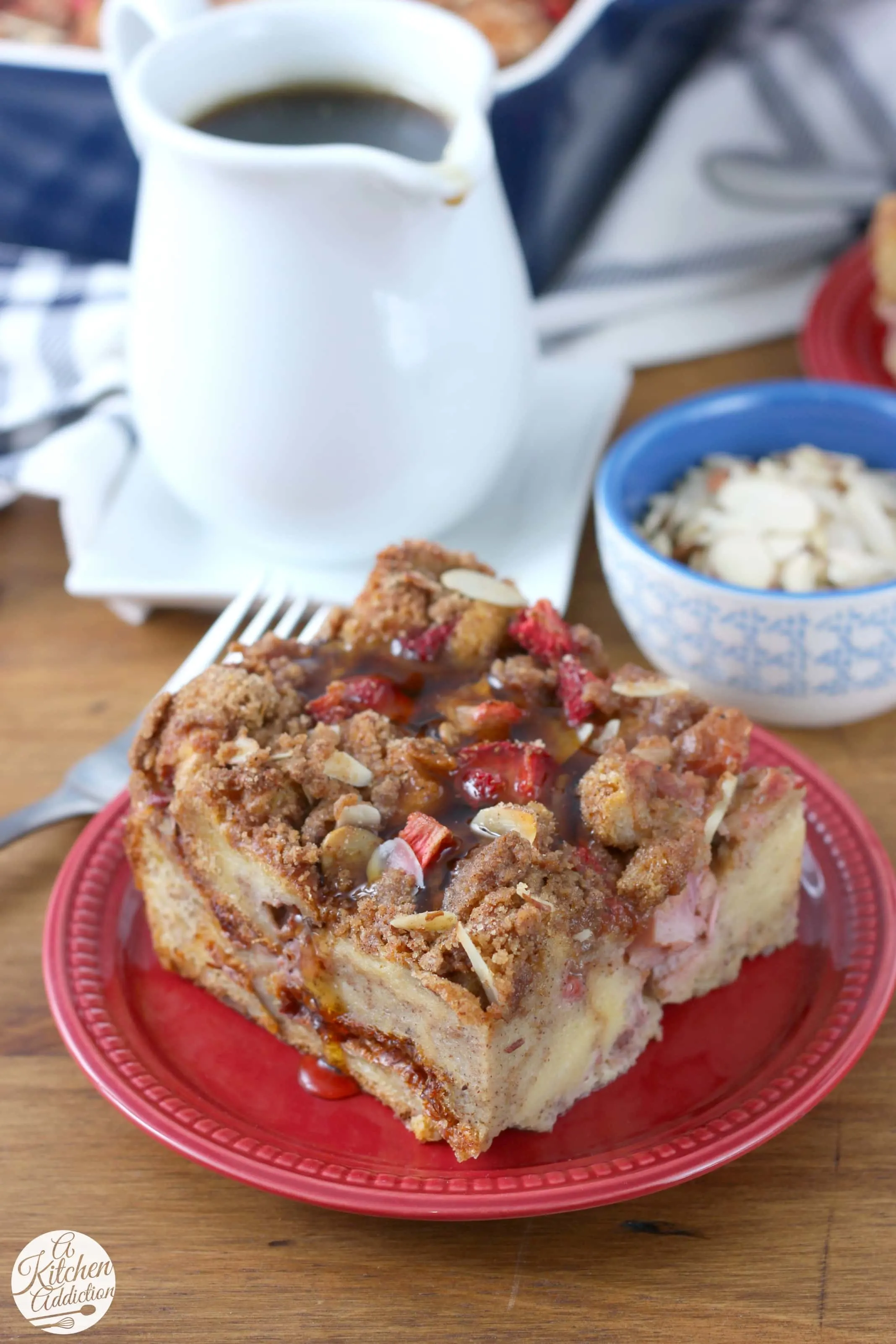 Strawberry Honey Almond French Toast Bake that can be made the night before! Recipe from A Kitchen Addiction
