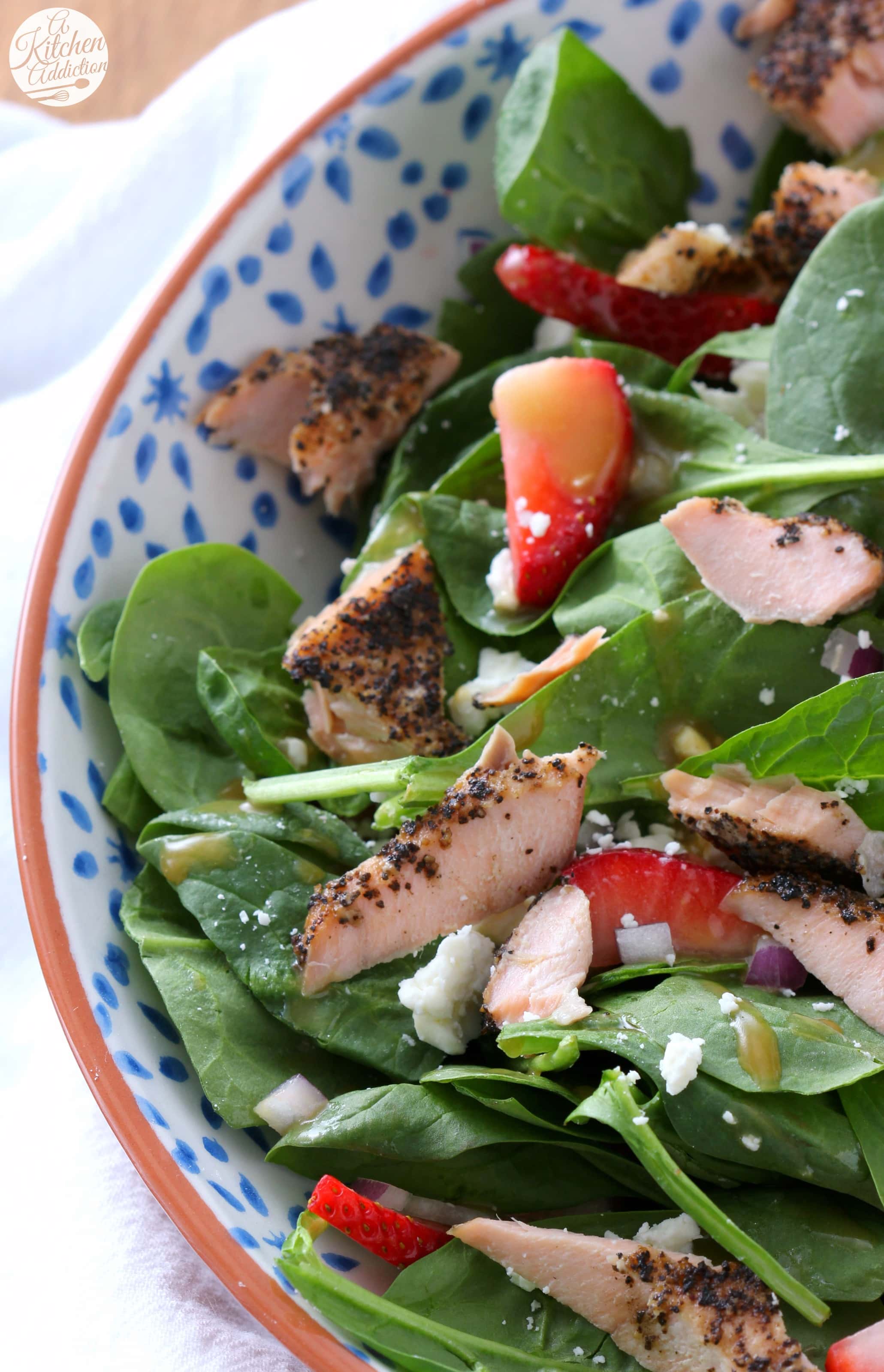 Baked Salmon Strawberry Spinach Salad with Honey Dijon Vinaigrette Recipe from A Kitchen Addiction