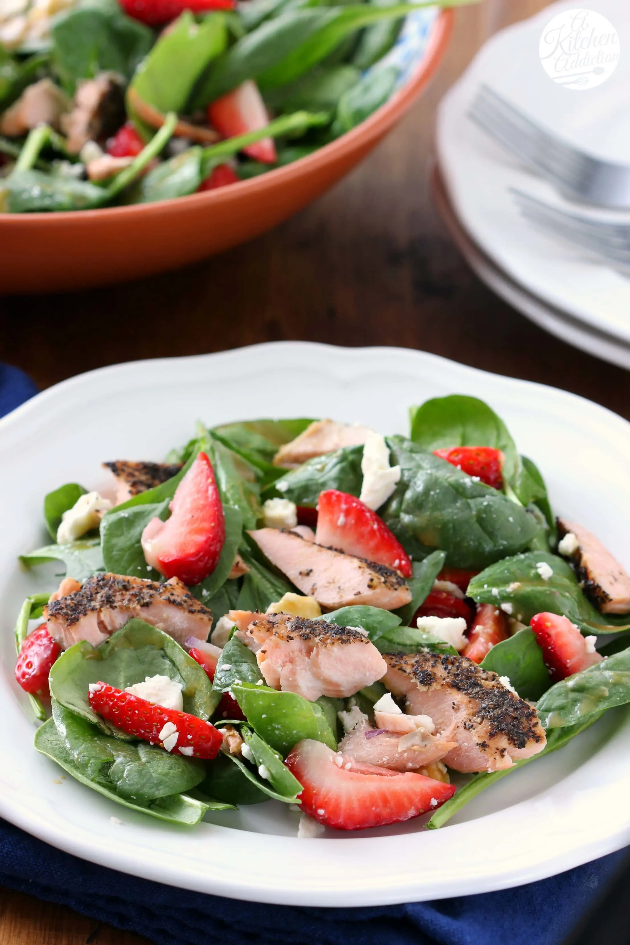 Easy Baked Salmon Strawberry Spinach Salad Recipe from A Kitchen Addiction