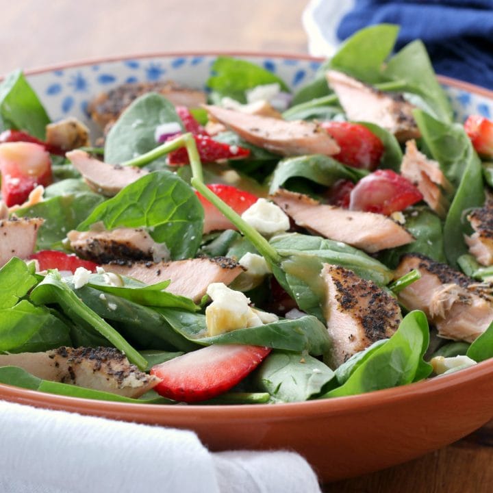 Baked Salmon Strawberry Spinach Salad with Honey Dijon Vinaigrette Recipe from A Kitchen Addiction