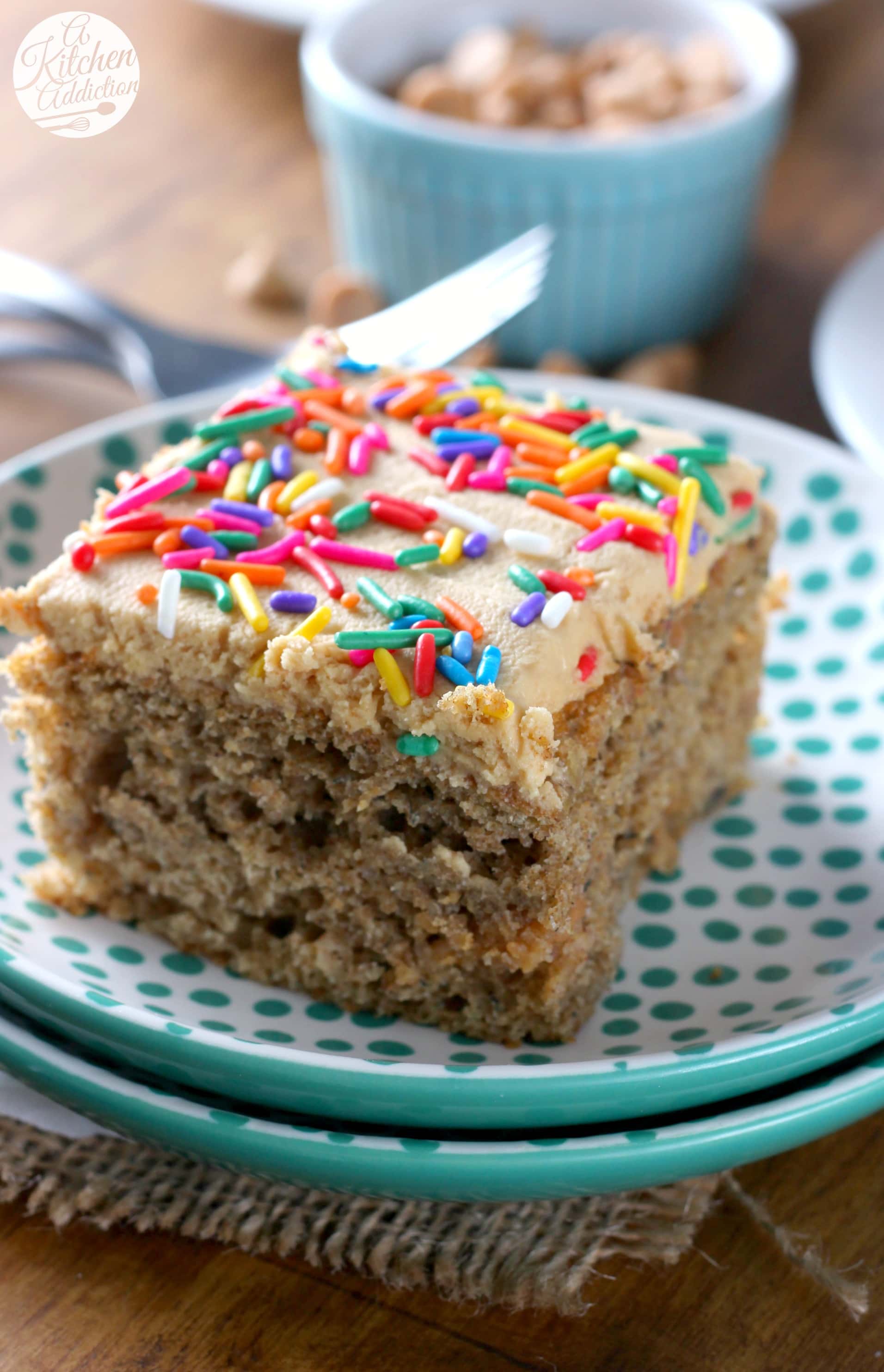 Banana Snack Cake with Peanut Butter Frosting Recipe from A Kitchen Addiction