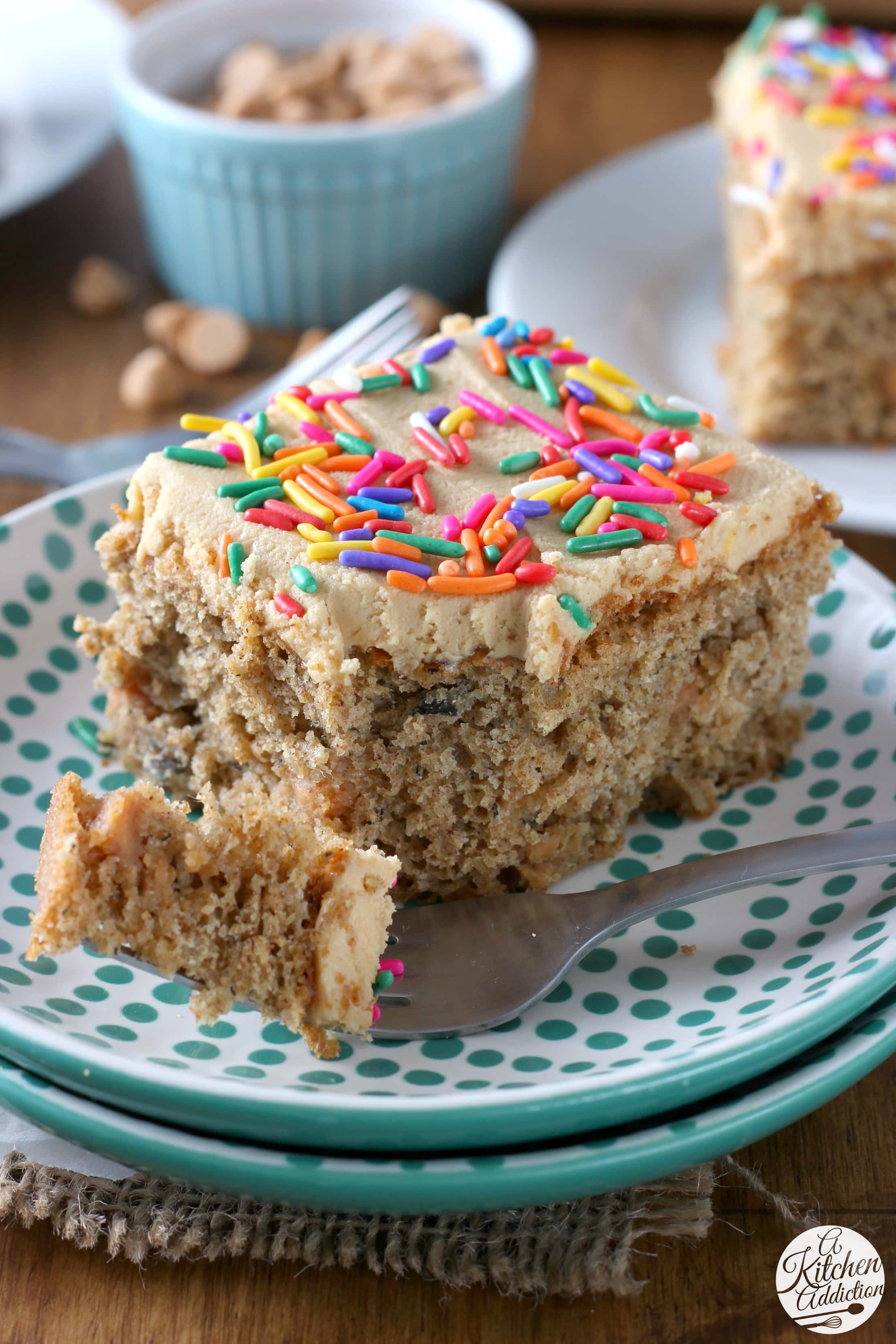 Banana Cake with Peanut Butter Frosting Recipe from A Kitchen Addiction