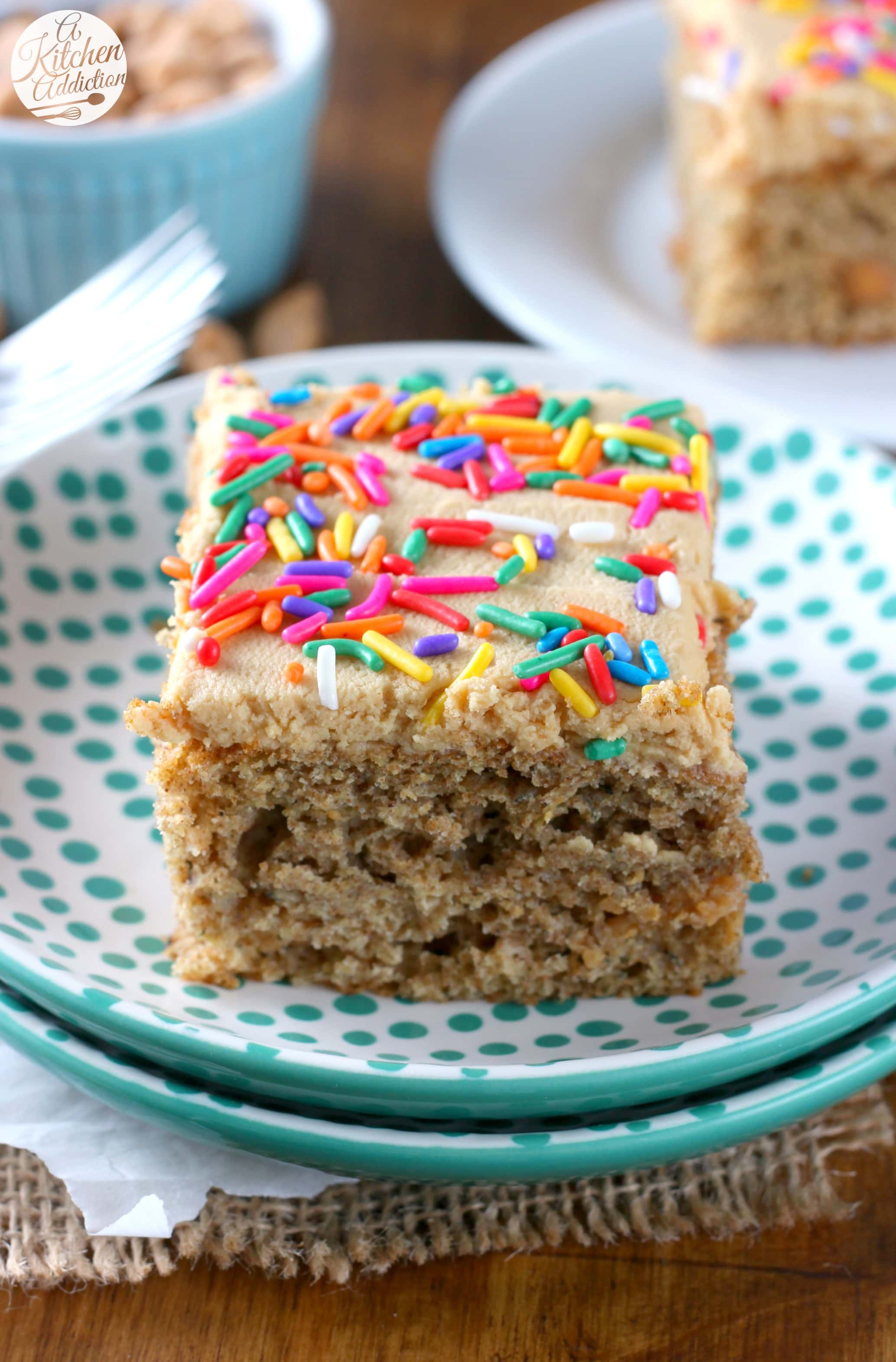 Banana Snack Cake with Peanut Butter Frosting Recipe from A Kitchen Addiction