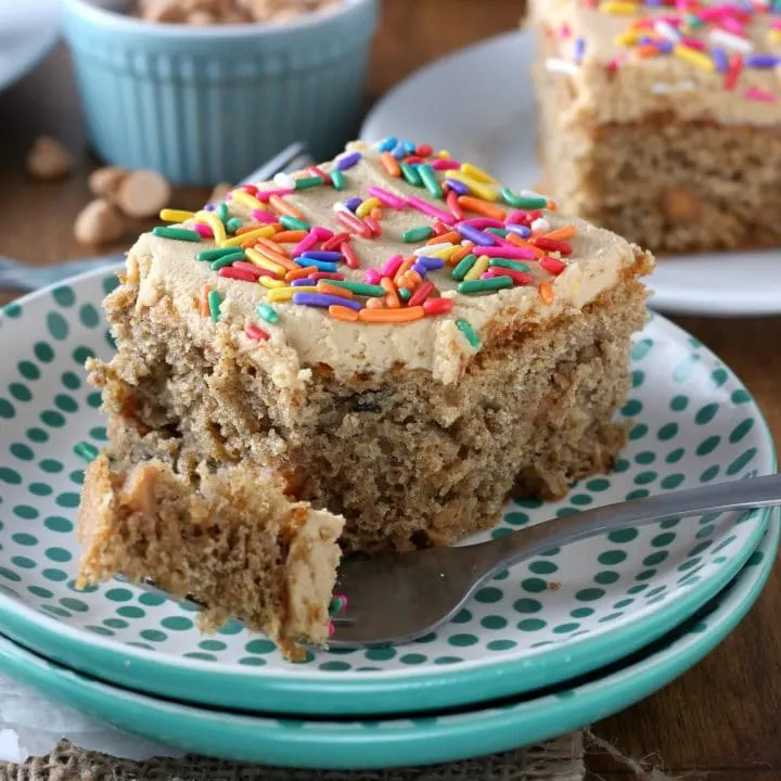 Easy Banana Cake with Peanut Butter Frosting Recipe from A Kitchen Addiction